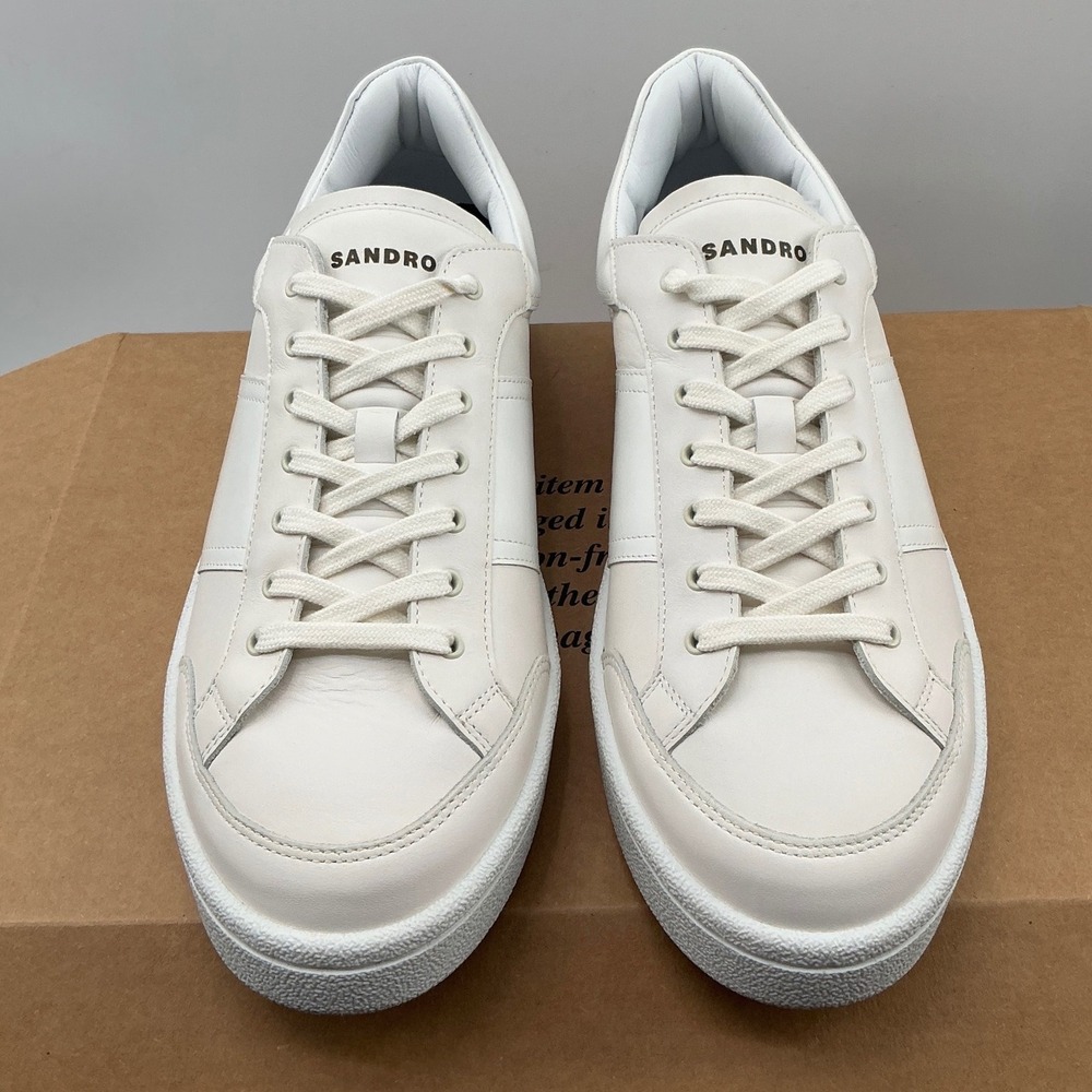 Sandro Paris Mens Leather Low Top Sneakers Off White Cream Lace Up Shoes 11.5/44